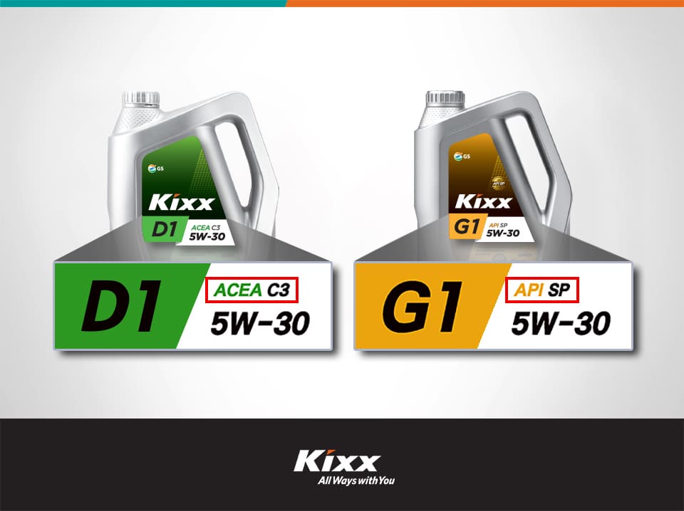 Kixx D1 C3 engine oil (left) labeled with ACEA specifications and Kixx G1 SP engine oil (right) using API specifications