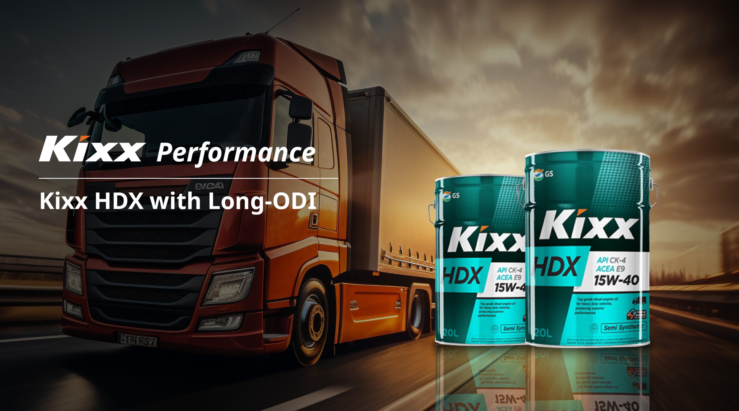 A banner with keywords over a background image of a heavy-duty truck and two cans of Kixx HDX engine oil.