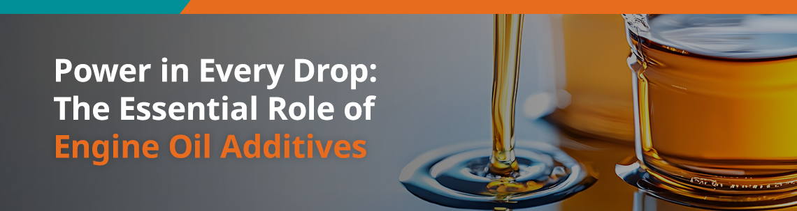 Engine oil being poured with the text 'Power in Every Drop: The Essential Role of Engine Additives' on a gradient background.