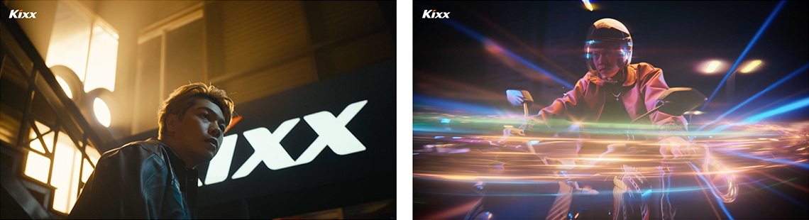 Image 1 | Kixx Newsroom Rapper Gill walking in front of a glowing Kixx logo at night and Rapper Gill riding a motorbike at night with color light trails.
