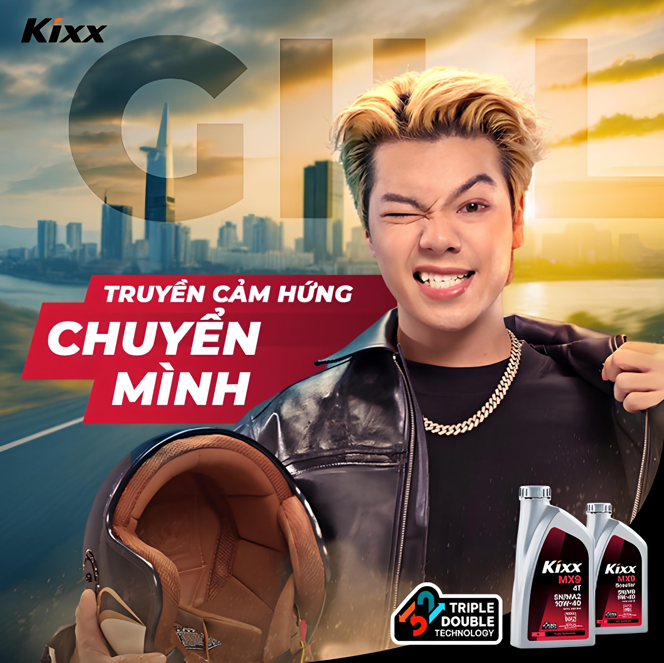 Image 3 | Kixx Newsroom Promotional poster of rapper Gill, with Vietnamese writing, Kixx branding and lubricants displayed.