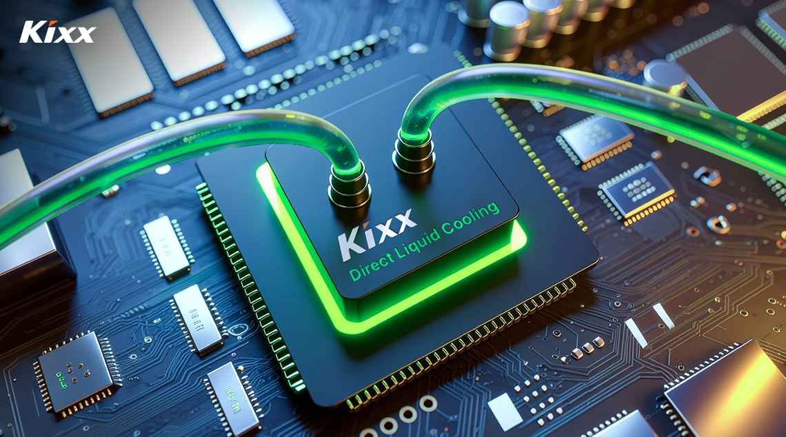 Image 3 | Kixx Newsroom Kixx’s direct liquid cooling fluid running through pipes to cool a computer chip via a mounted plate.